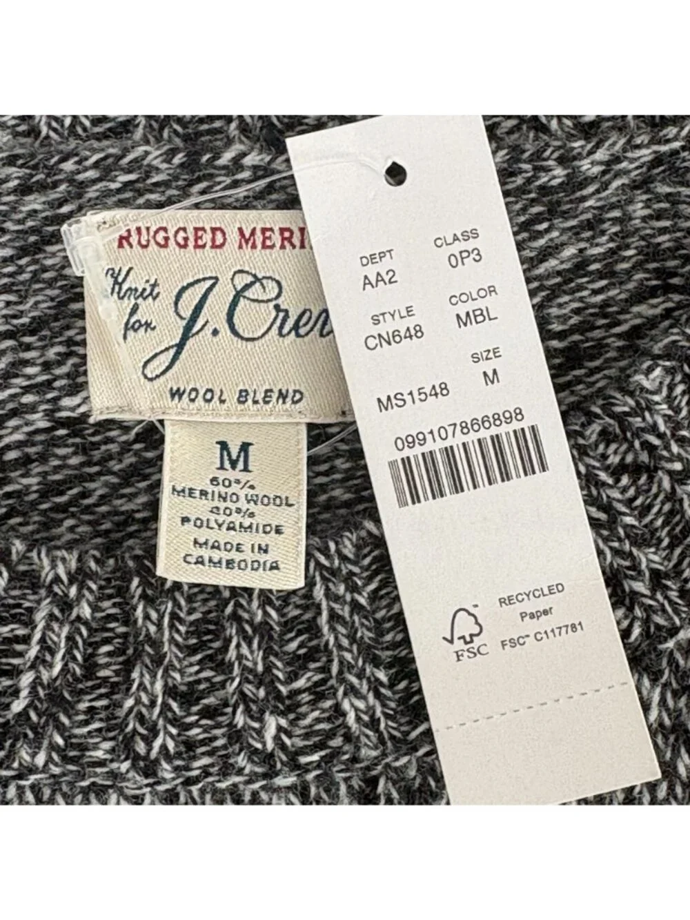 J Crew Rugged Merino Wool Blend Sweater Mens Size M Marled Black Crew‎ Neck NWT